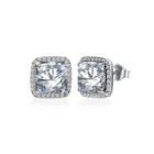 925 Sterling Silver Classic Popular Geometric Square Cubic Zircon Stud Earrings Silver - One Size