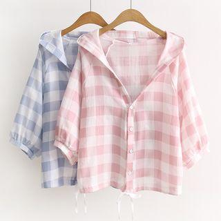 Plaid Hooded 3/4 Sleeve Light Jacket
