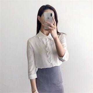Frilled-placket 3/4-sleeve Chiffon Blouse