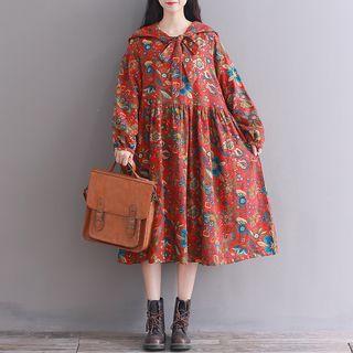Floral Long-sleeve Hooded Midi A-line Dress