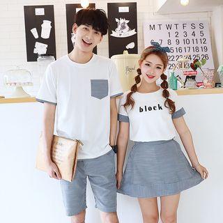 Couple Matching Short-sleeve Shirt / Striped A-line Skirt / Striped Shorts