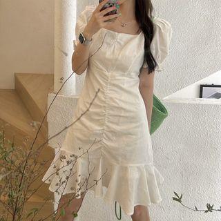 Short-sleeve Square-neck Plain Ruffle Trim Mermaid Dress