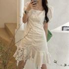 Short-sleeve Square-neck Plain Ruffle Trim Mermaid Dress