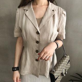 Notched-collar Puff-sleeve Linen Blazer