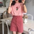 Flower Print Short-sleeve T-shirt / Buttoned A-line Skirt