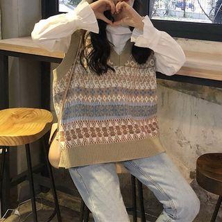 Patterned V-neck Knit Vest As Shown In Figure - One Size