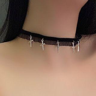 Cross Choker Black & Silver - One Size