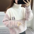 Turtleneck Two-tone Embroidered Sweater