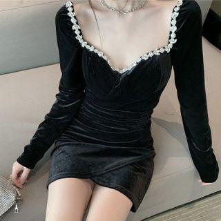 Long-sleeve Beaded Velet Dress