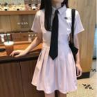 Short-sleeve Collared A-line Dress With Tie