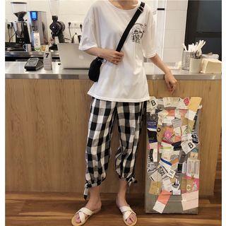 Set: Elbow-sleeve Print T-shirt + Plaid Cropped Pants