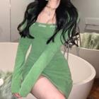 Long-sleeve Fluffy Sheath Dress Green - One Size