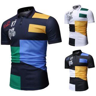 Short-sleeve Polo Collar Color Block Top