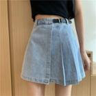 High-waist Pleated Denim Mini Skirt