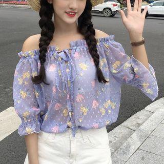 Floral Prinetd Off-shoulder Chiffon Top