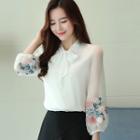 Tie Neck Embroidered Chiffon Blouse