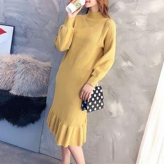Long-sleeve Mock Neck Ruffle Hem Dress