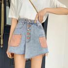 Color-block Asymmetric High-waist Denim Skirt