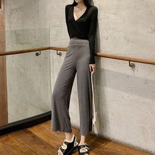 Set: Long-sleeve Cropped T-shirt + High Rise Wide-leg Pants