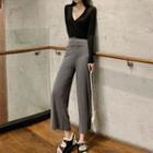 Set: Long-sleeve Cropped T-shirt + High Rise Wide-leg Pants