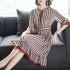 Striped Lace Up Elbow-sleeve A-line Dress