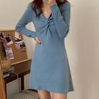 Long-sleeve Twisted V-neck Knit Mini Dress