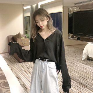 Convertible V-neck Long-sleeve Loose-fit Blouse