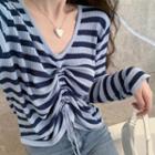 Long-sleeve Drawstring Stripe Knit Top