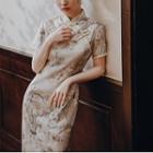Short-sleeve Floral Maxi Qipao Dress