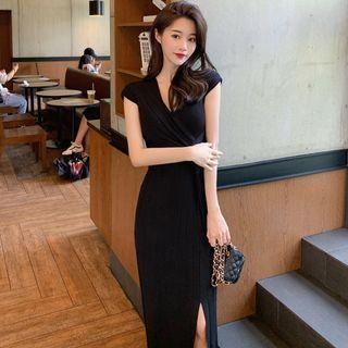 Cap-sleeve Slit-hem Knit A-line Midi Dress