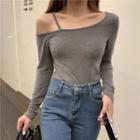 Long-sleeve One-shoulder Plain Top