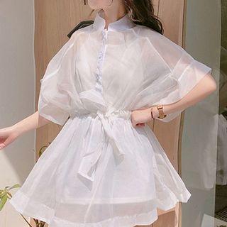 Set: Sheer Elbow-sleeve A-line Dress + Strappy Dress