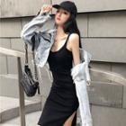 Fringed Cropped Denim Jacket / Spaghetti Strap Sheath Dress