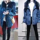 Furry Collar Washed Denim Coat