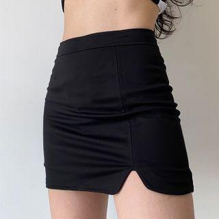 High-waist Plain Side Slit Short Skirt