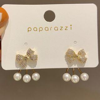 Faux Pearl Rhinestone Bow Drop Earring 1 Pair - Gold & White - One Size