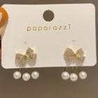 Faux Pearl Rhinestone Bow Drop Earring 1 Pair - Gold & White - One Size