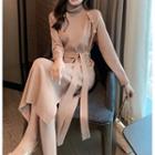 Long-sleeve High-neck Knit Tie-waist Slit Dress
