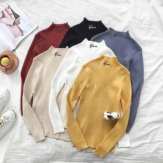 Lettering Embroidered Plain Long-sleeve Knit Top