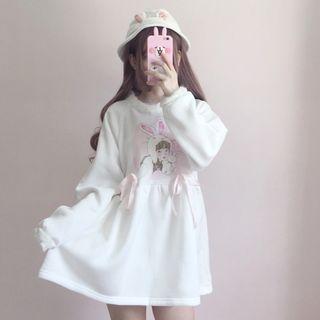Printed Fluffy Trim Pullover Dress White - One Size