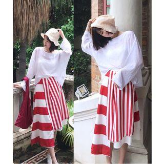 Tie Back Long-sleeve Blouse / Striped Asymmetric Midi Skirt