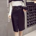 Faux Leather Slit-front Fitted Skirt