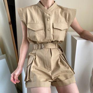 Stand-collar Waist-tie Cargo Jumpsuit