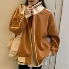 Two-tone Zip-up Jacket Light Brown - One Size