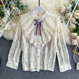 Striped Bow Ruffled Lace Shirt