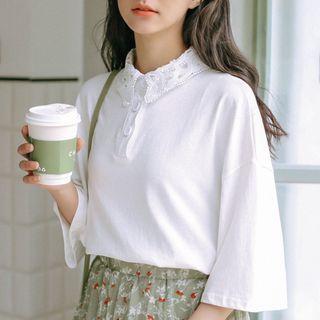 Lace Elbow-sleeve Polo Shirt White - One Size