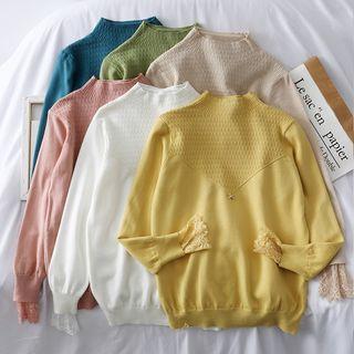 Patchwork Lace-cuff Mock-neck Sweater