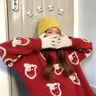 Cow Print Round-neck Knit Sweater Red - One Size