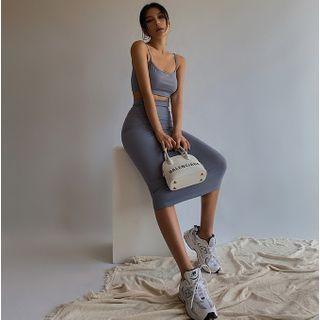Set: Stretched Plain Camisole + High-waist Midi Pencil Skirt