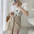 Short-sleeve Square Neck Plain Blouse / High-waist Plain Skirt